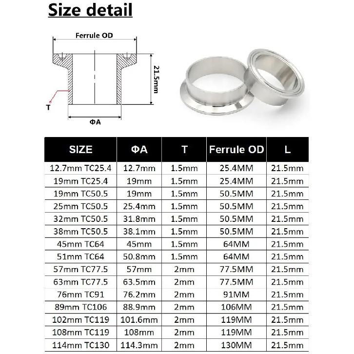 12.7~108mm 0.5"0.75"1"2"3"4" SS304/316 Stainless Steel Sanitary Pipe Fittings Weld Ferrule Tri Clamp Homebrew Flange Connect
