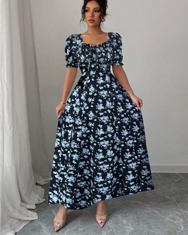 2025 Summer Fashion Women's Printed U-neck Short-sleeved Large Swing Dress