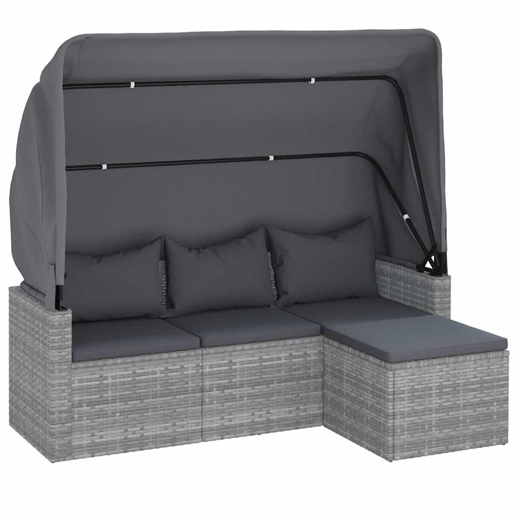 3 Seater Garden Sofa with Canopy and Footstool Grey Poly Rattan