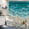 1pc Seaside Shell and Starfish Shower Curtain - Realistic ocean waves, sand and turquoise blue gradient design, polyester fabric
