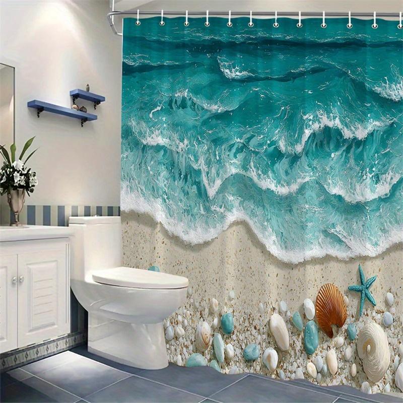 1pc Seaside Shell and Starfish Shower Curtain - Realistic ocean waves, sand and turquoise blue gradient design, polyester fabric