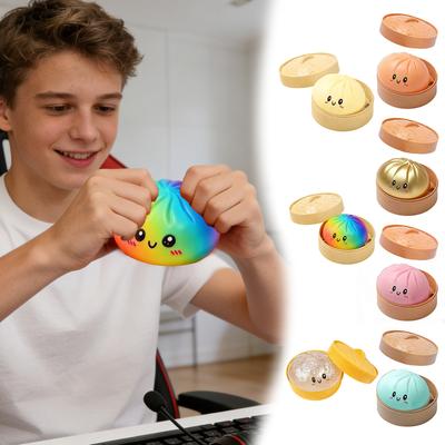 Cute Bun Shaped Slow Rising Toy with Smiling Face Design and Bamboo Steamer Box for Stress Relief and Decoration