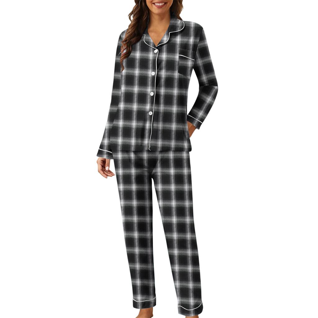 Women's Casual Fashion Plaid Patchwork Print Long-Sleeved Trousers Homewear Set