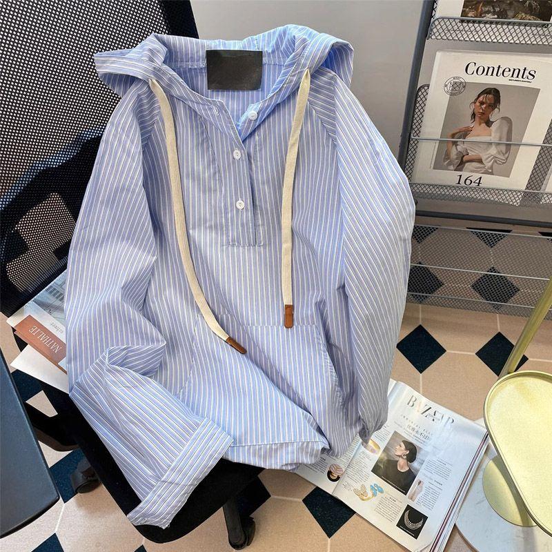 

Синяя вертикальная полосатая женская толстовка с капюшоном в корейском стиле, простой длинный рукав, женский топ, свободный, на завязках, с карманом, пуловер 3XL