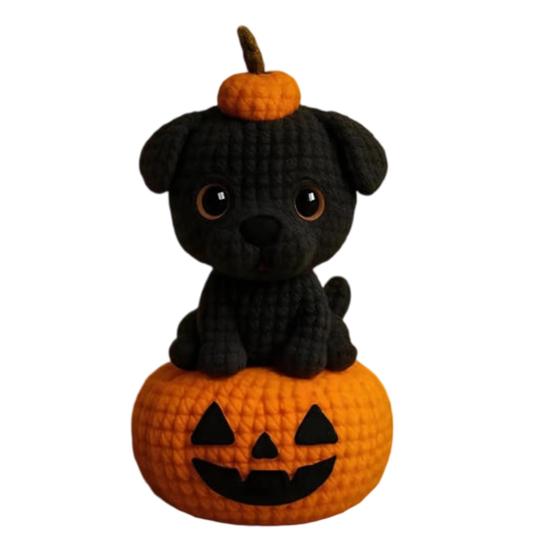 Handmade Crochet Dog Cat Figurine Cute Halloween Knitted Animal with Pumpkin Emotional Support Gift for Dog Cat Lovers