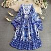 New Summer Bohemian Blue And White Porcelain Print Chiffon Holiday Beach Dress Women O Neck Flare Sleeve Large Swing Long Maxi Robe