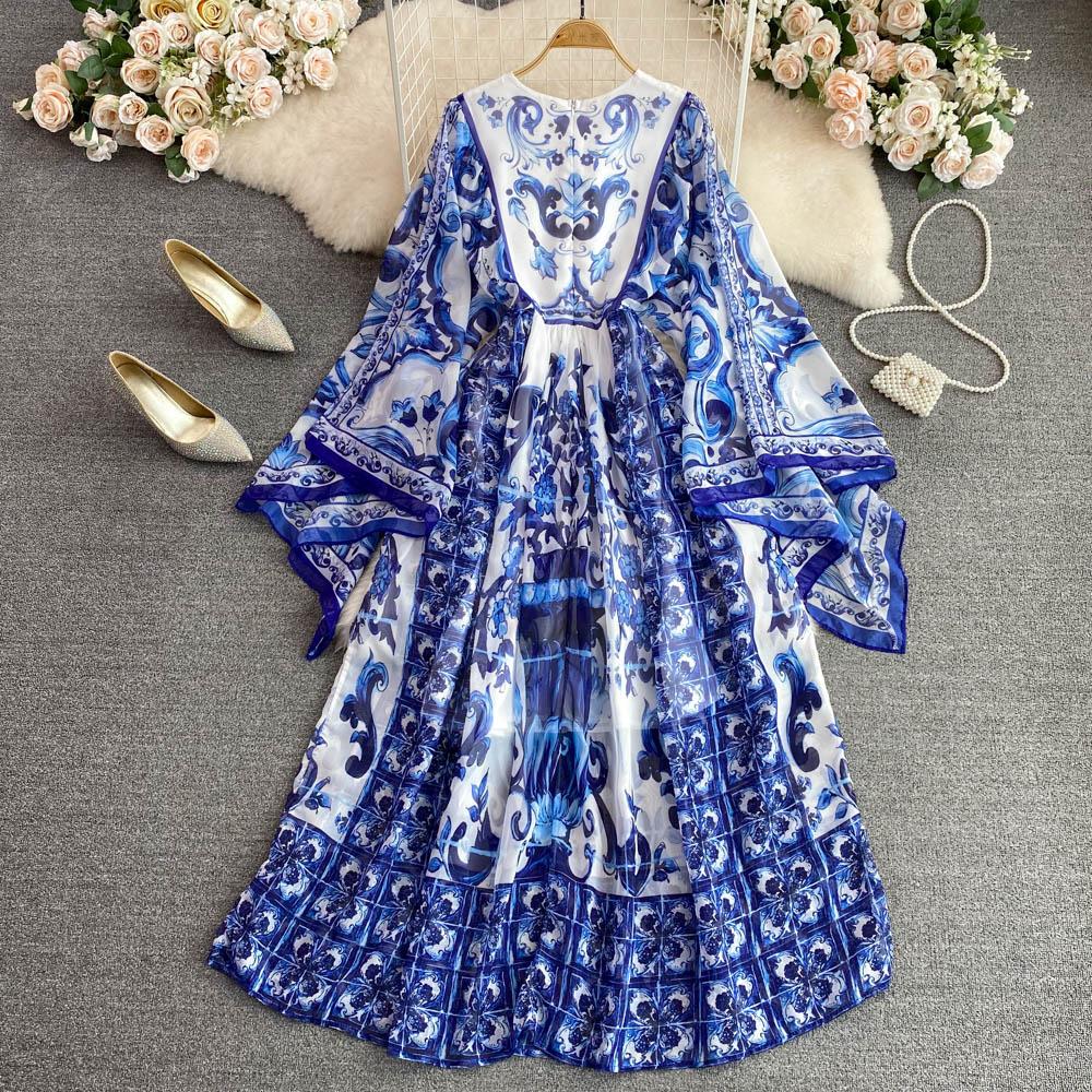 Neue Sommer Bohemian Blau Und Weiß Porzellan Druck Chiffon Urlaub Strand Kleid Frauen O Neck Flare Hülse Große Schaukel Lange maxi Robe