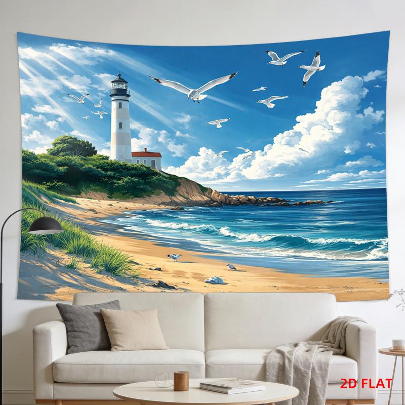 1pc, 2D flat, banner with design of lighthouse, beach, and seagulls, suitable for living room, meditation, and party decorations