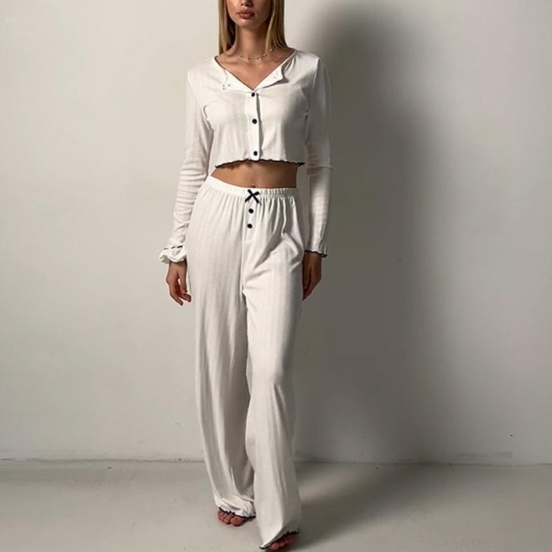 European and American fashion knitted lapel two-piece set autumn, exquisite pajama set women s sexy and thin loungewear S
