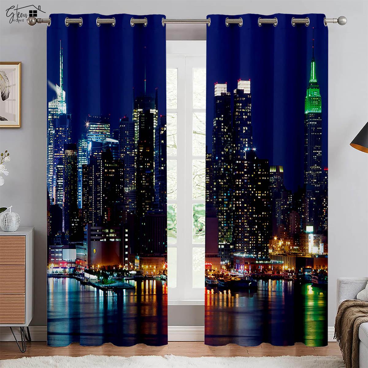 Stadtbau 3D-gedruckte Fenstergardinen Straßenansicht Sonnenuntergang Nachtansicht Neon Handbemalt Hohe Qualität Lichtblockierend Wärmeisolierend Gardinen W100xH130(CM) folio&Grommet Top