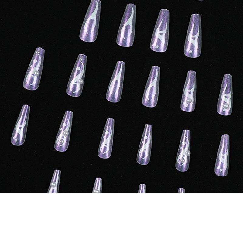 Aurora Wearable Long Fake Nails - White Flame Pearl Nail Art - Removable Finished Pieces