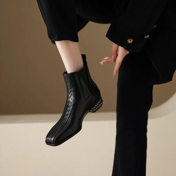 Fashion NEW Autumn/Winter Women Boots Square Toe Chunky Heel Shoes Split Leather Shoes for Women Zipper Ankle Boots Black Modern Boots