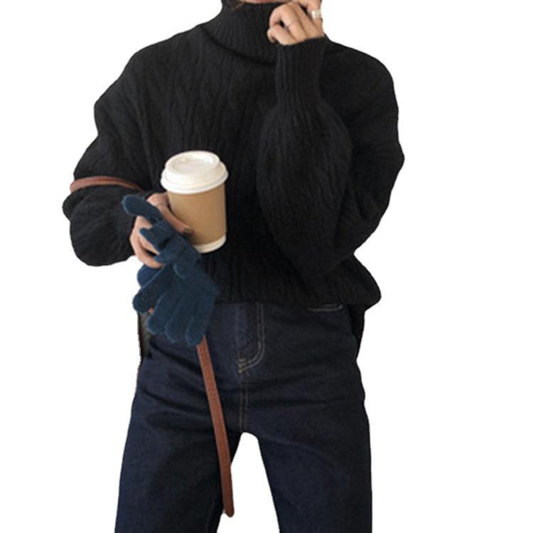 Wear Turtleneck Twist Loose Lazy Wind Pullover Sweater Women's Solid Color Lantern Sleeves Simple Versatile Knitted Sweater