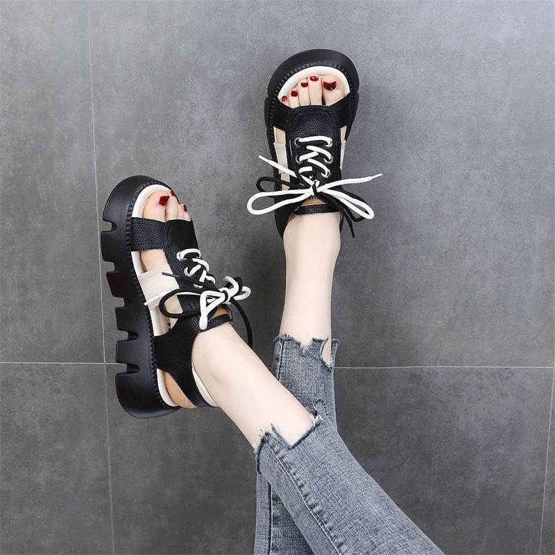 Soft Leather Women's Sandals Spring and Summer Fashion Color Matching Muffin Bottom Thick Sole Outer Wear Flat Bottom Lace-up Beach Roman Sandals