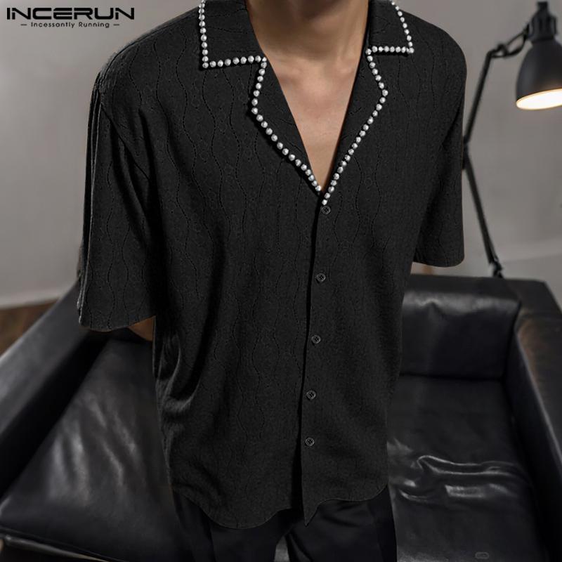 INCERUN Men Beading Neck Short Sleeve Lace Crochet Casual Oversized Shirts