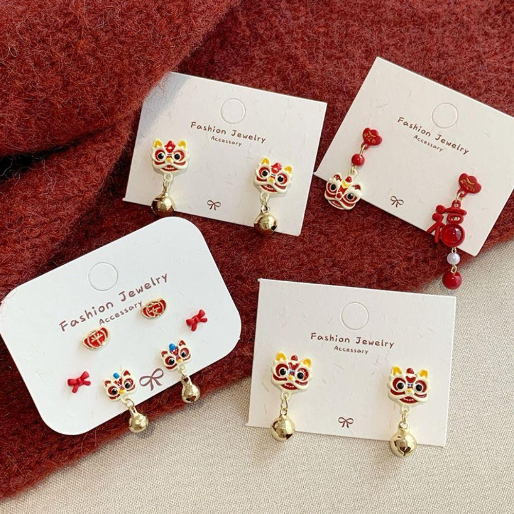 Cartoon Lion Dance Earrings Set Good Luck Bell Ear Studs New Year Earrings  New Year Gift