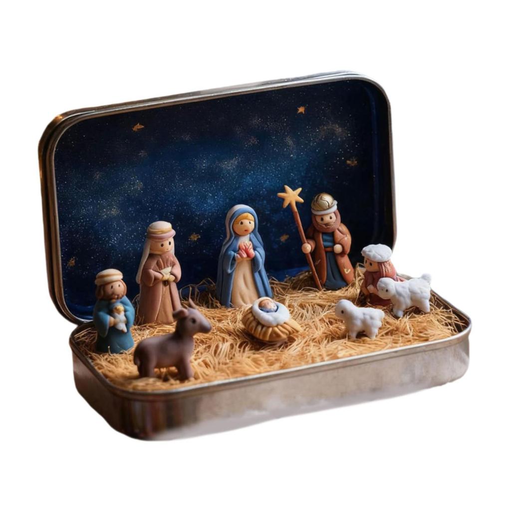 Mini julkrubba Heliga Familjen Figurer Gåva Bärbar Scen för Skrivbord Inomhus