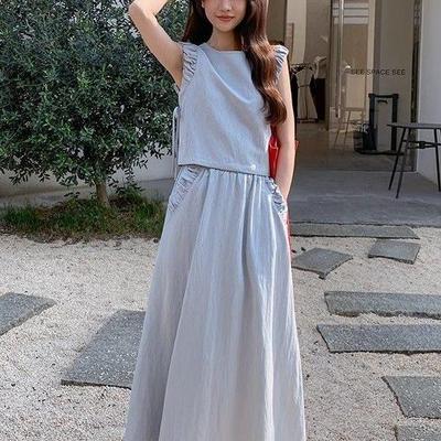 Women's Elegant French Design Two-Piece: Summer Vest & Long Skirt Set