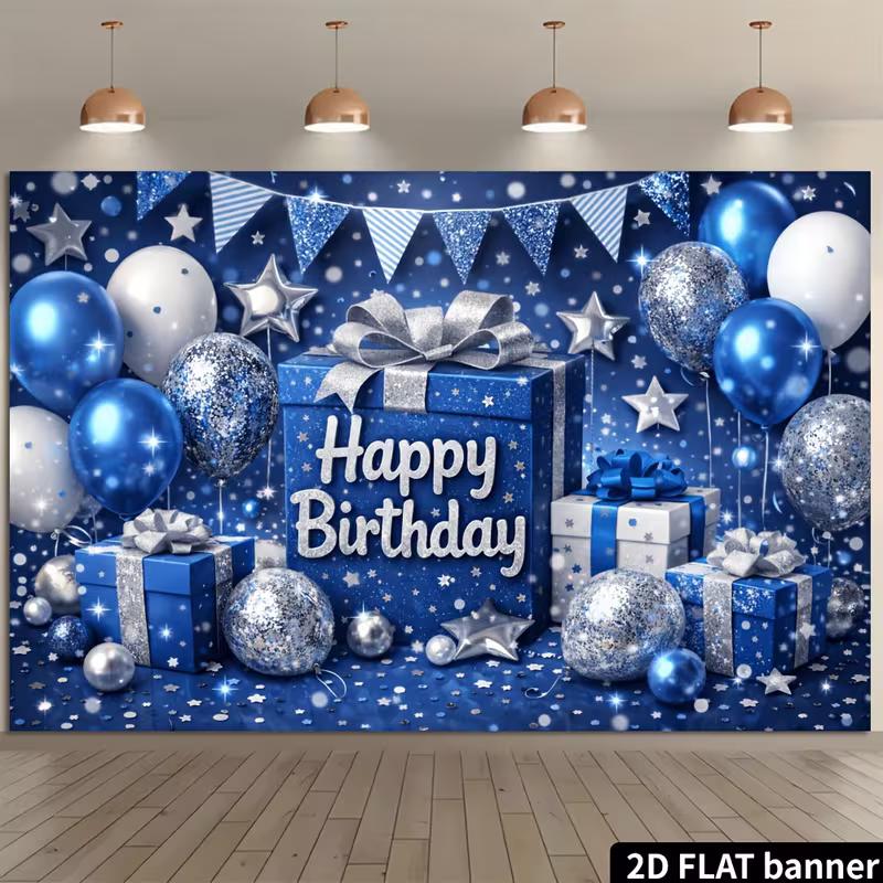 2D Coole Blaue Glitzer Konfetti Happy Birthday Hintergrund Banner mit Wimpelketten