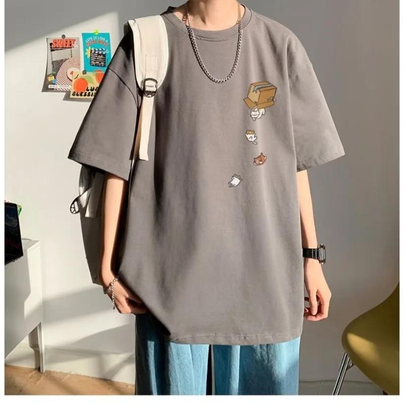Men Oversized Korean Fashion Loose American Vintage Carton Kitten Print Short Sleeve Versatile Trend Couple Outfit