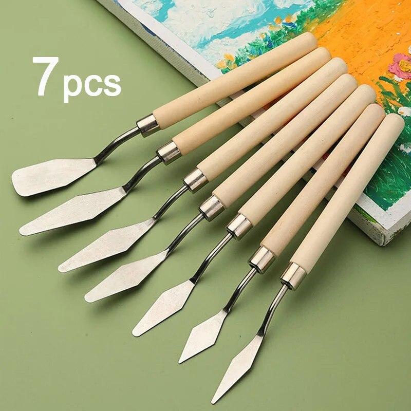 7pcs/set Art Oil Painting Scraper Wooden Flat Head Stainless Steel Pick Knife Gouache Paint Pointed Color Mixing Spatula Tools