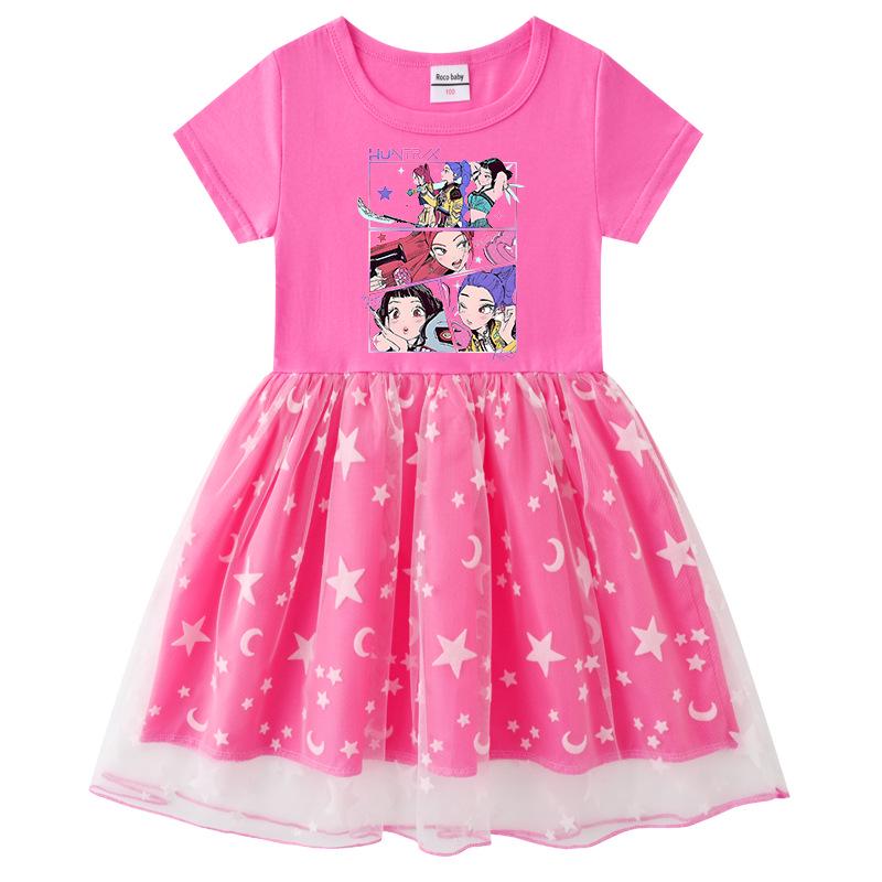 Vestido de Princesa Kpop Demon Slayer para Niñas con Lentejuelas Arcoíris y Malla, con Mangas Largas y Cortas para Primavera, Verano y Otoño.