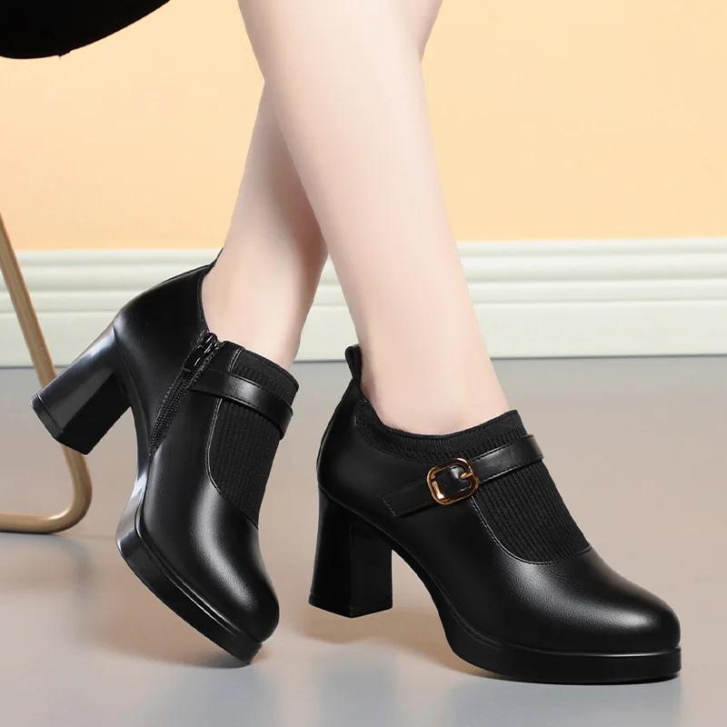 

7cm Comfortable Deep Mouth Flexible Buckle Platform Pumps Women 2025 Spring Block High Heels Shoes for Office Model Mom Leather 35