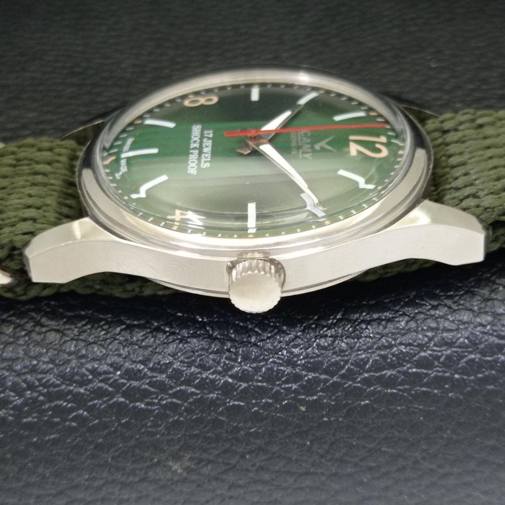 HAND-WINDING VINTAGE CAMY SWISS MENS REFURBISHED GREEN DIAL WATCH A500007-2 R151a-a500007