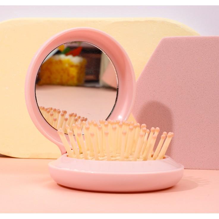 Korean Cute Macaron Soft Color Mini Folding Mirror & Air Cushion Comb Set