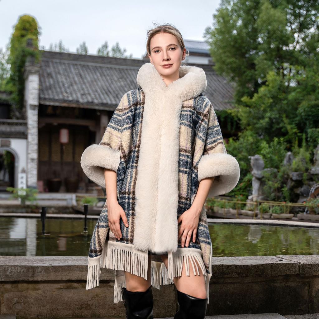 Autumn Winter Plaid Warm Cape Knitted Fuzzy Fur Shawl Tassel Thin Versatile Thickened Coat for Women
