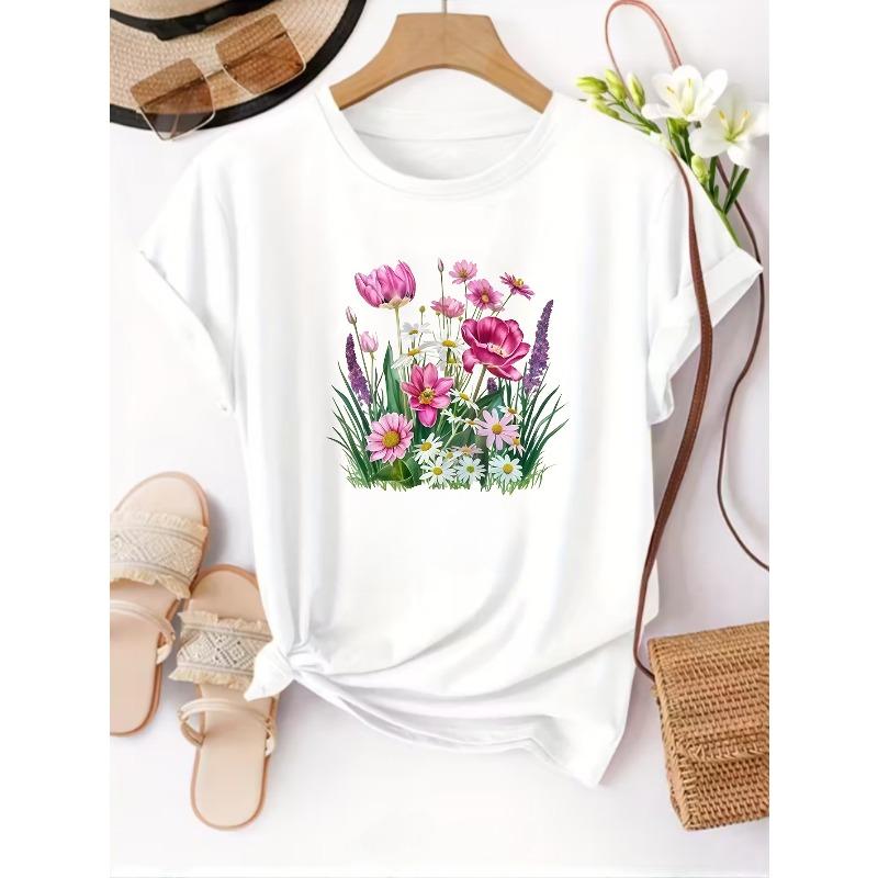 Red Floral Flower Print Short-Sleeved T-Shirt, Women'S Round Neck Top, Casual T-Shirt, Suitable for Spring/Summer Daily Wear, Women'S Clothing