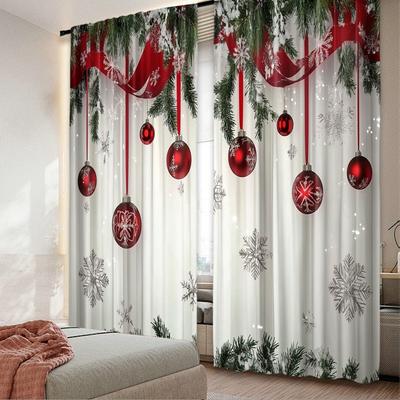 Flat Printing Christmas Hot Party Curtains Ball Red Ribbon Pine Branch Digital Printed Polyester Drapes Non Set Of 2 Made
