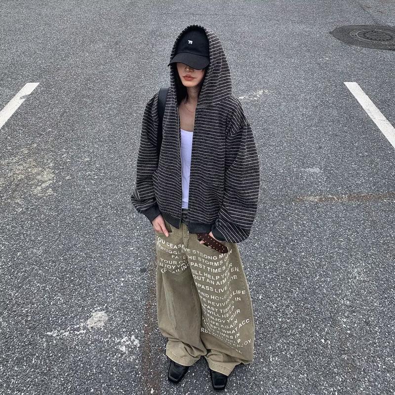 Unisex American Retro Patchwork Striped Zip-Up Hooded Cardigan 2025