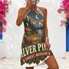 Women Plus Size Halter Criss Cross Cutout Sleeveless Printed Fitted Curved Hem Dress