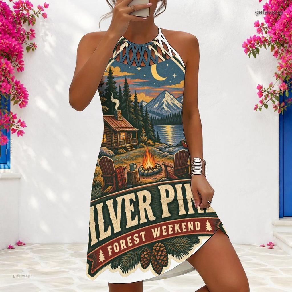 Women Plus Size Halter Criss Cross Cutout Sleeveless Printed Fitted Curved Hem Dress