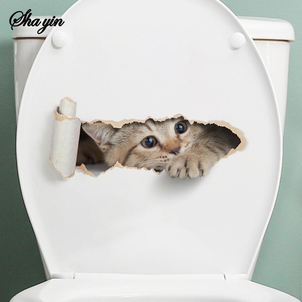 Cartoon Hole Breaking Cat Toilet Sticker, Bathroom Beautification Decoration Toilet Cover Waterproof Sticker