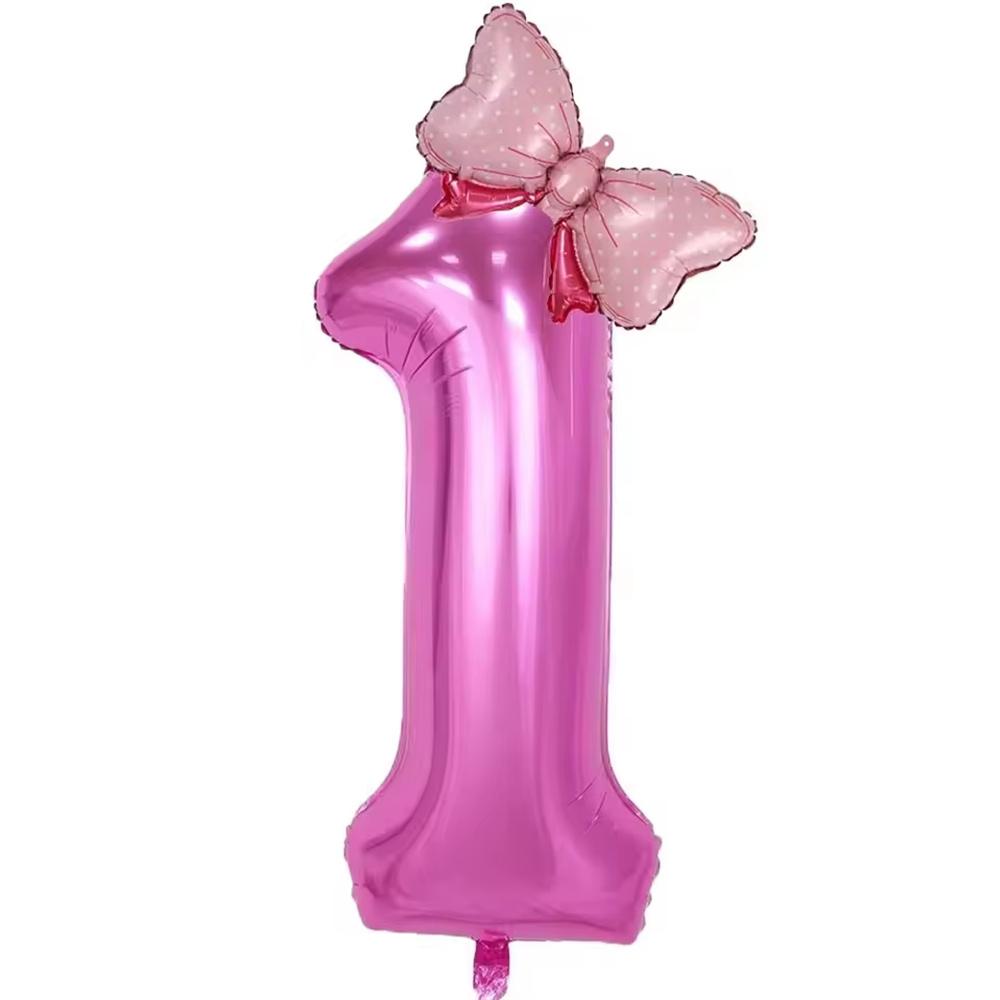32inch Number Pink Foil Balloon With Mini Bow Set 1 2 3 4 5 6 7 8 9 For Kid Boys Girls Birthday Party Baby Shower Decorations