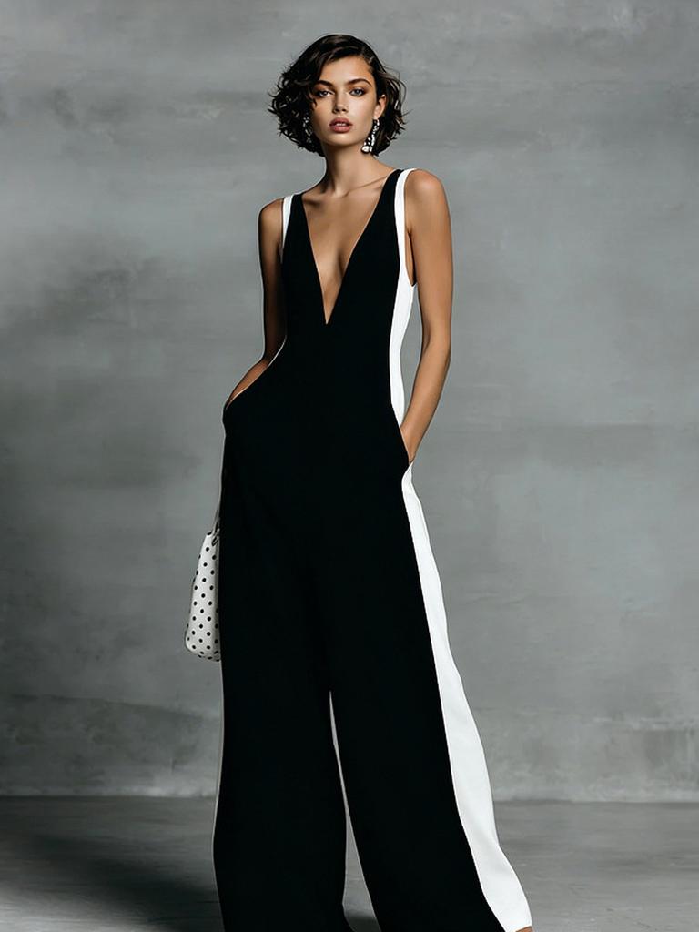 Women's Fashion Black and White Cotton Linen Color Block Spaghetti Strap Jumpsuit