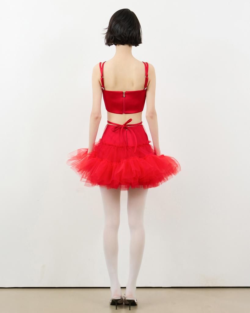 Leobyui Tulle Tiered Skirt Red