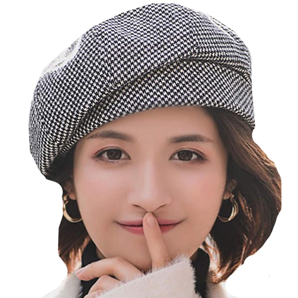WHITE FANG Houndstooth Pattern Beret Hat Cold Protection Hat Cap Stylish Cute CA335 Autumn/Winter Women's (01 Black)