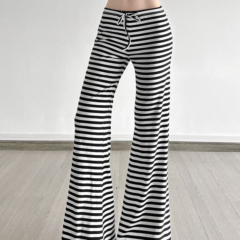 American Street Idle Style Stripe Design High Waist Lace-up Straight Bootcut Trousers Gyaru Slimming Knitted Casual Trousers