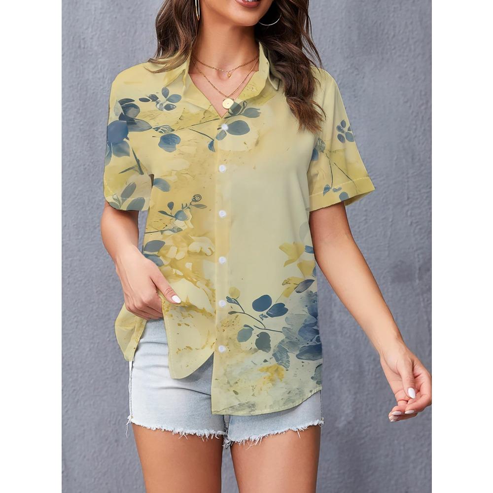 

Women s Light Yellow Short-Sleeve Button- Shirt with Blue & Print - Collar Summer Blouse S