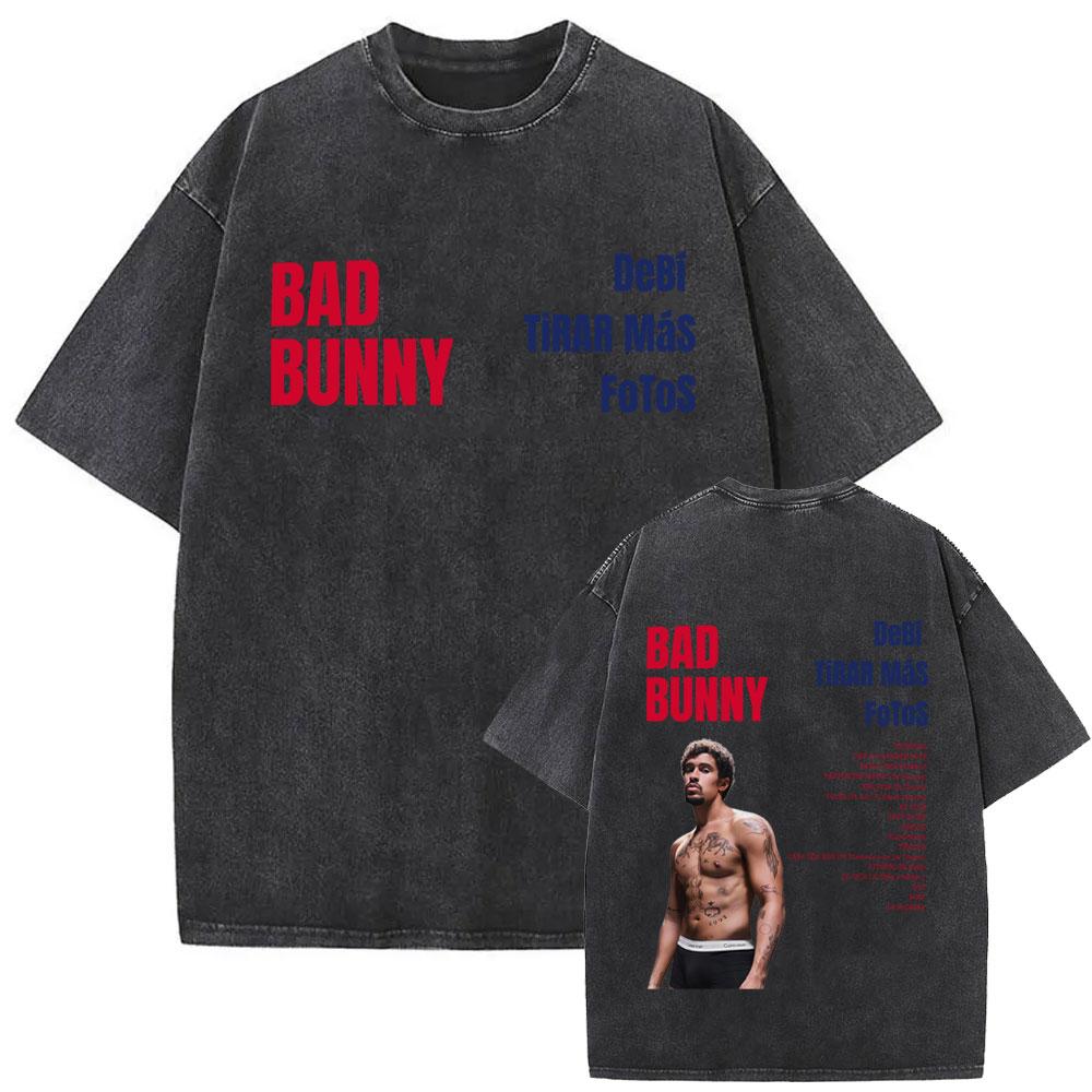 Rapper Bad Bunny Vintage Acid Washed T Shirts Debi Tirar Mas Fotos DTMF Tshirts Men Women Hip Hop Fashion High Quality Tshirt