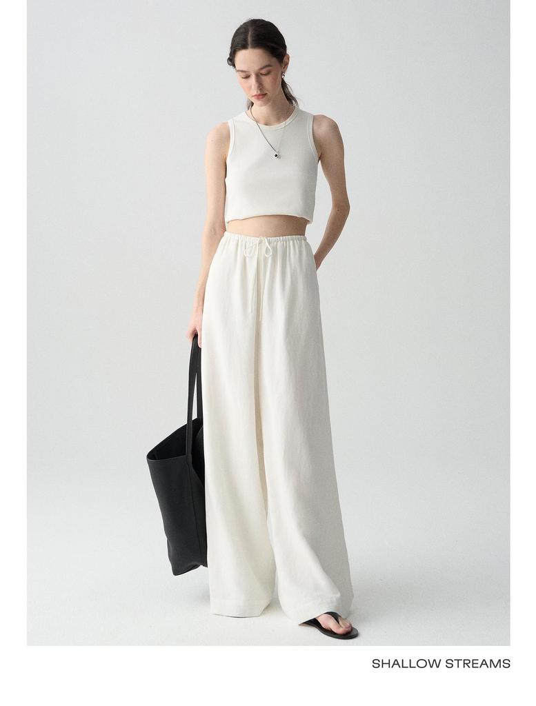 Sea of Dimples High-Waisted Linen Trousers: Breathable White Wide-Leg, Floor-Length, Early Autumn Casual Pants.