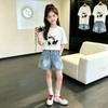 Girls' Cat Cartoon Summer T-shirt & Denim Shorts Two-Piece Set (2026)