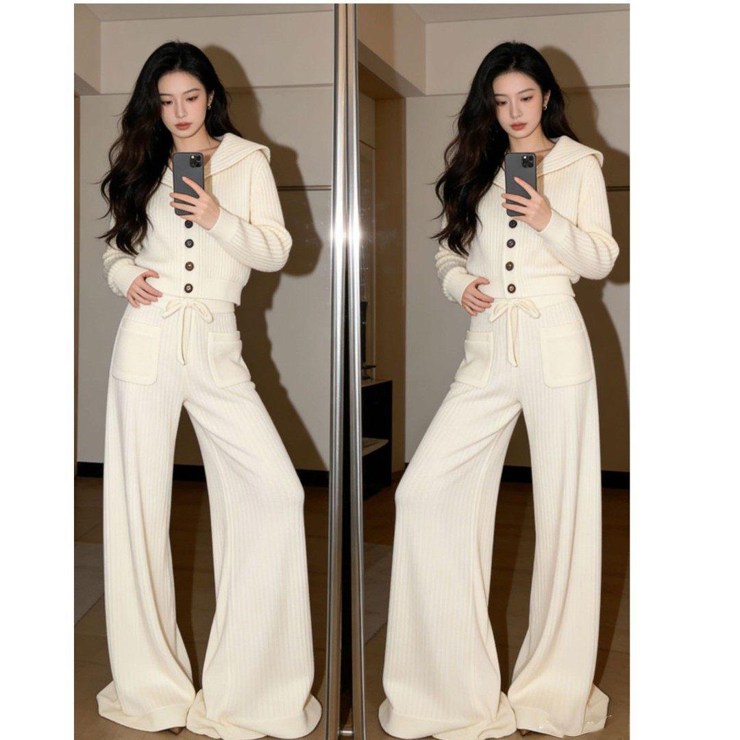 

Women s Petite Knit Cardigan & Wide-Leg Pants Set with Navy Collar for Early Spring 2026 XXL