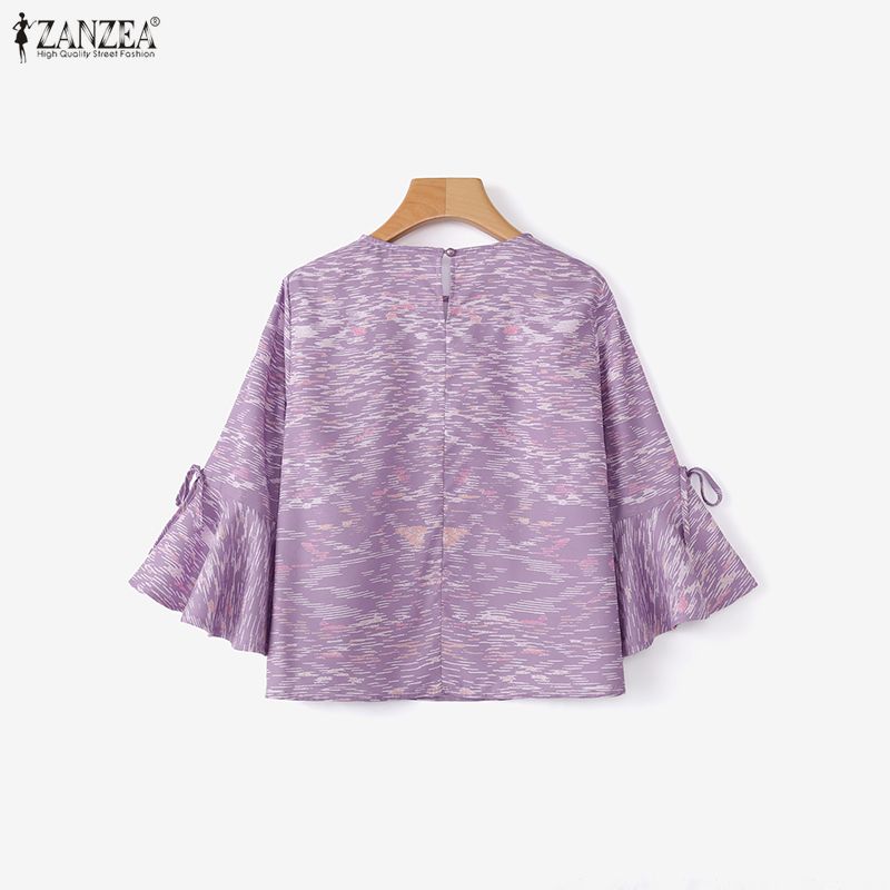 ZANZEA Women Casual Round Neck Flare 3/4 Sleeve Loose Print Blouse