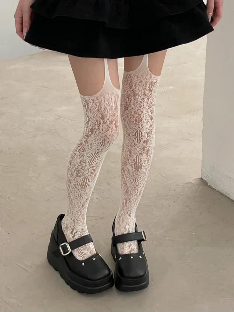 New Print Knee High Socks Women Sexy Fishnet Thigh High Stockings with Suspender Floral Retro Pattern Japanese Lolita Long Socks