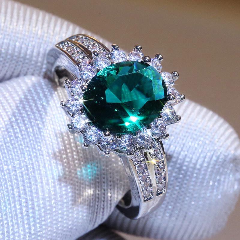 Light Luxury Stainless Steel Ring For Women Fashion Trend Green Oval Zircon Finger Ring Female Party