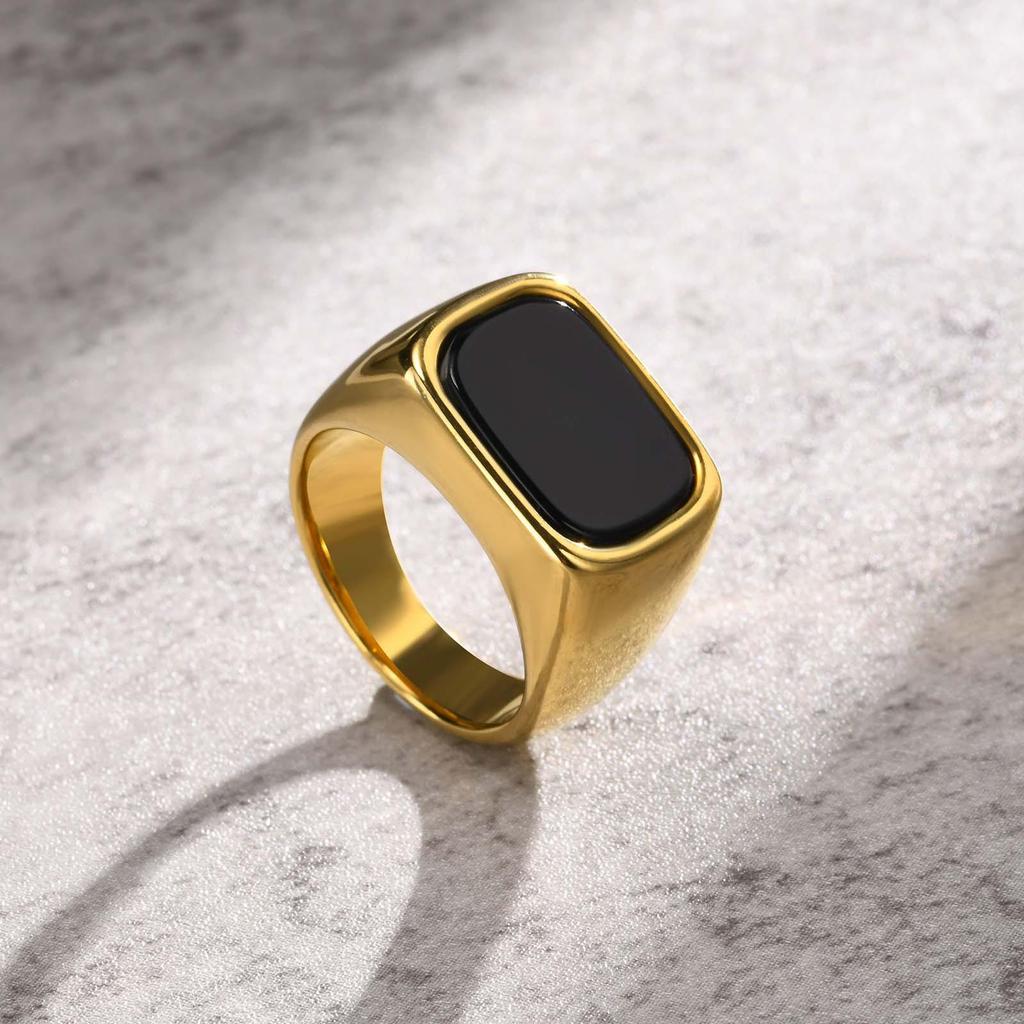 Men's Stainless Steel Gold Ring with Black Glass Stone and Geometric Design (RC-619)